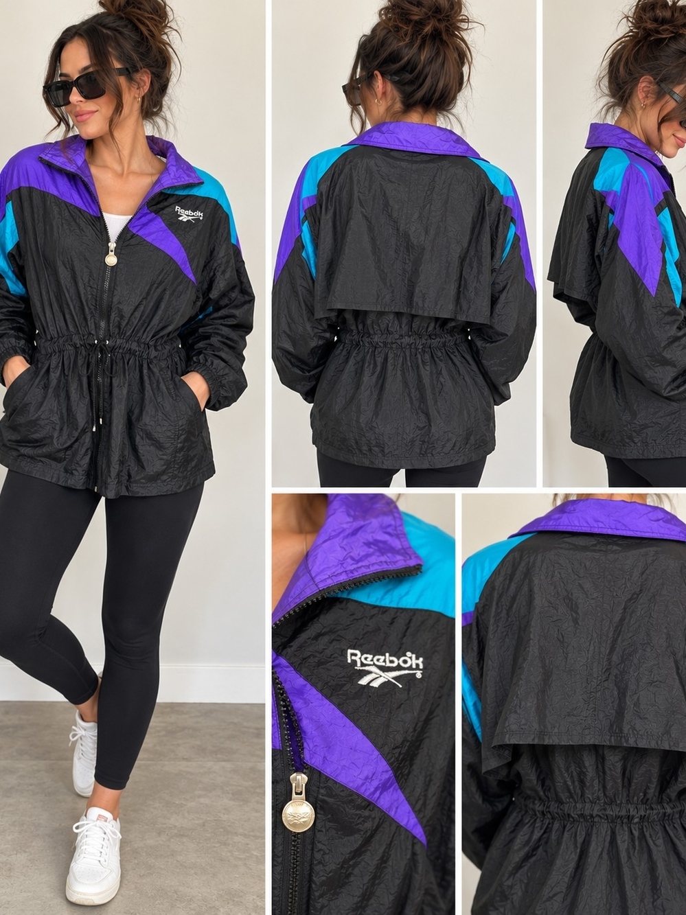 Vintage 90s Reebok Windbreaker Jacket XL Black Purple Teal Colorblock Nylon